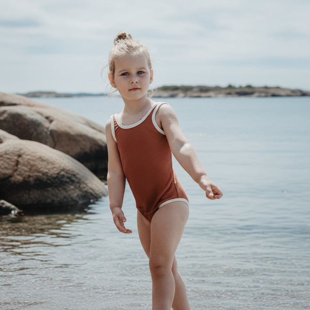 Ribbstickad baddräkt för flickor – Bekväm design för pool & hav
