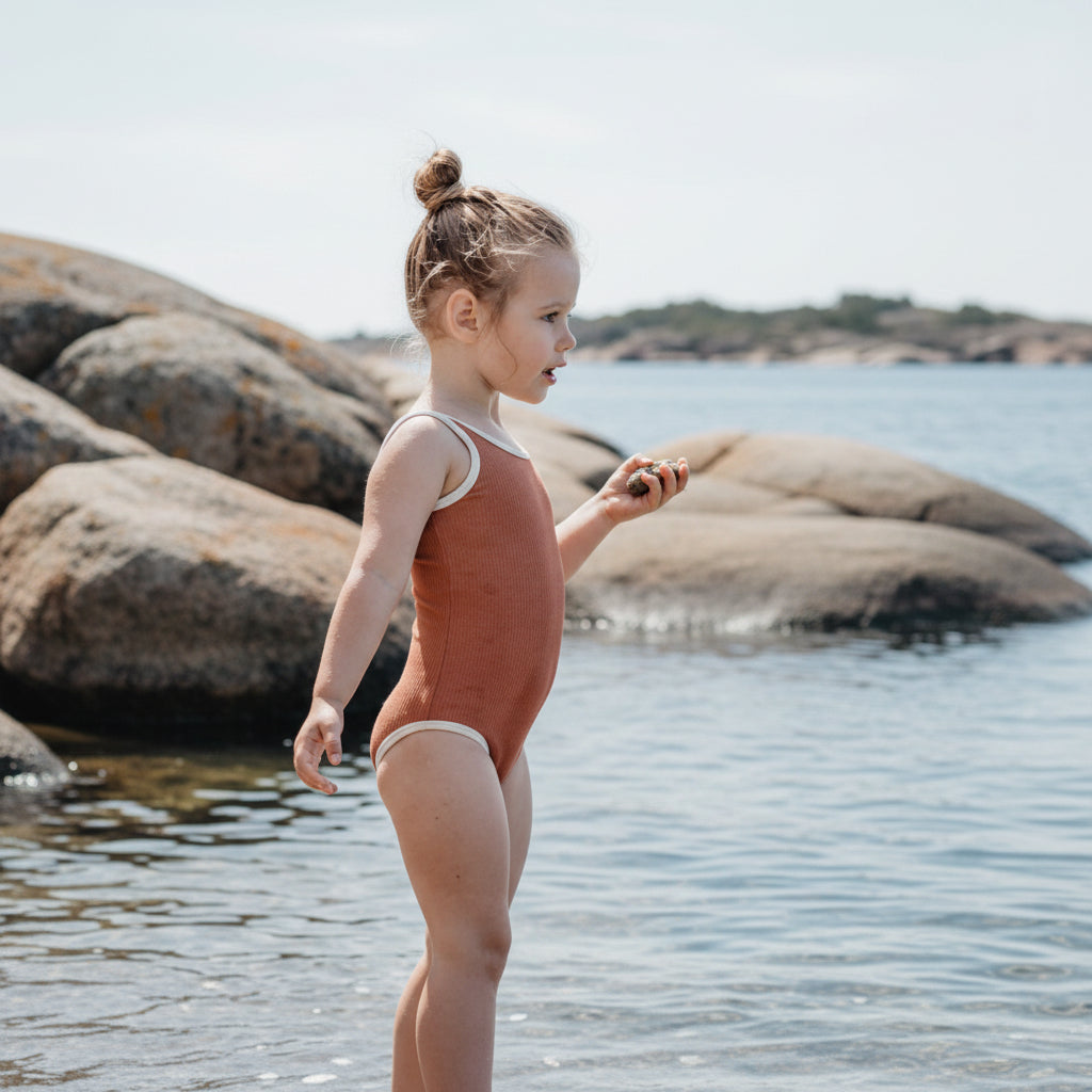 Ribbstickad baddräkt för flickor – Bekväm design för pool & hav