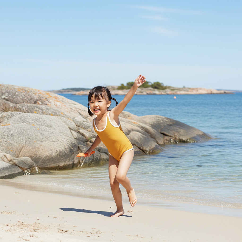 Ribbstickad baddräkt för flickor – Bekväm design för pool & hav