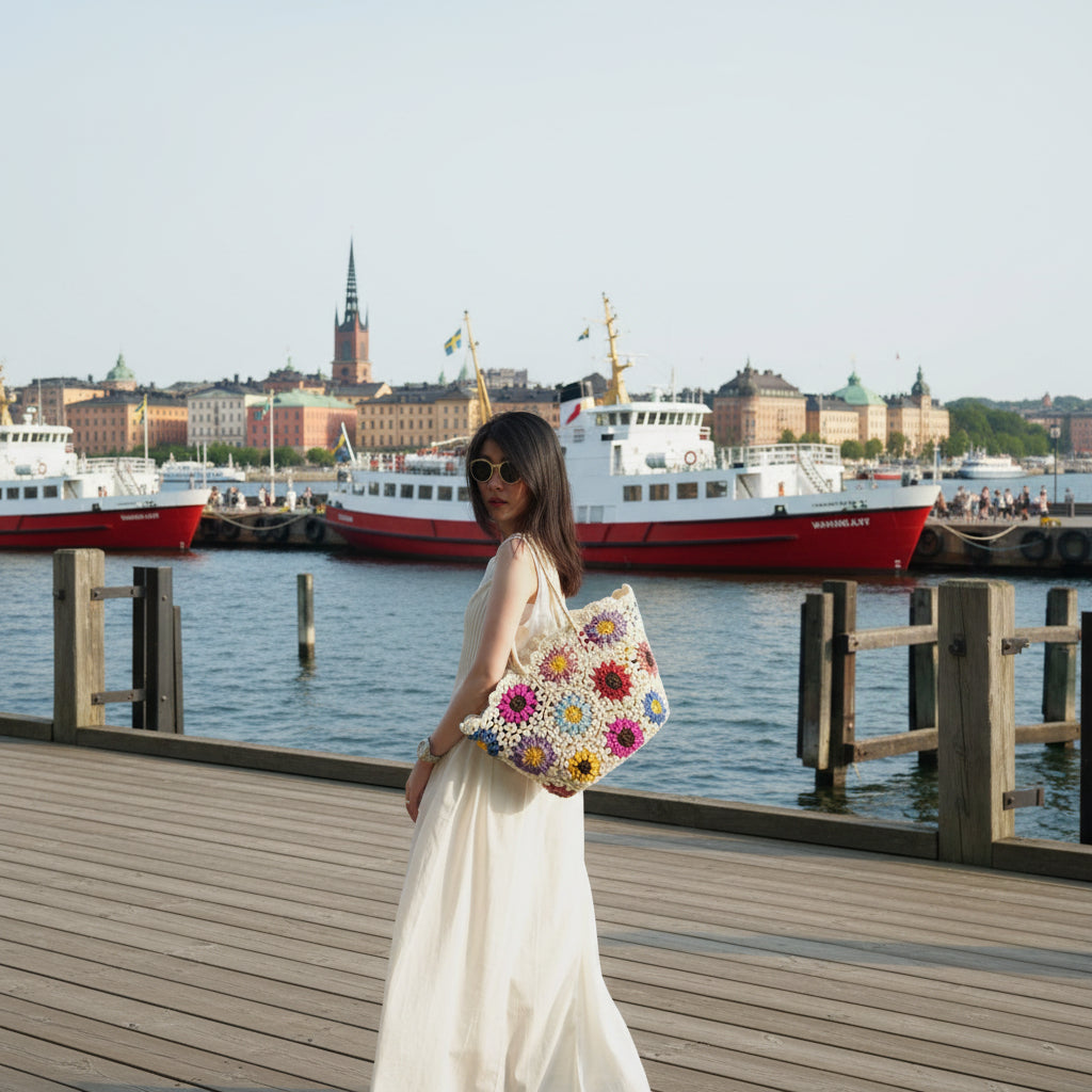Virkad strandväska med blommönster – Bohemisk elegans för pool & beach