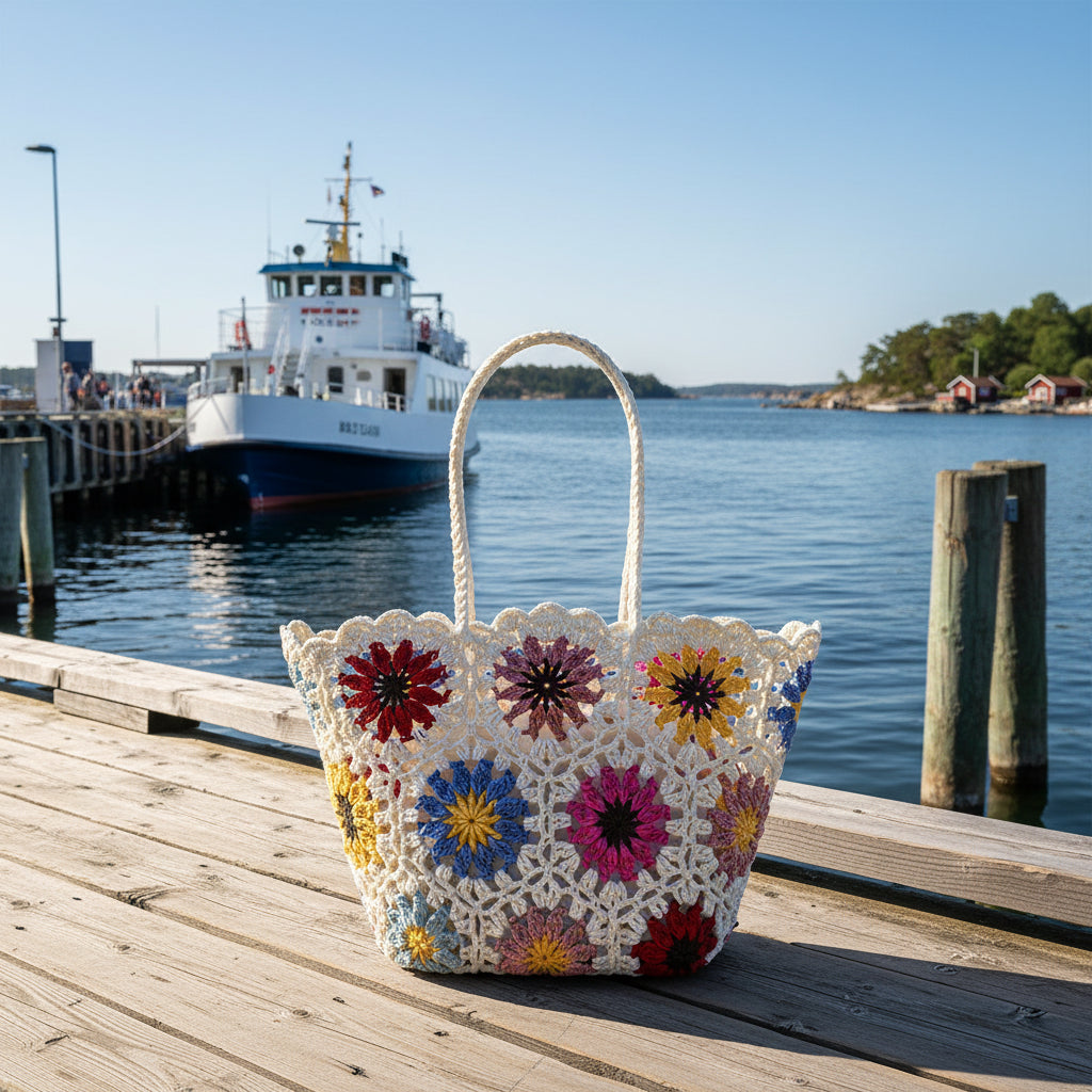 Virkad strandväska med blommönster – Bohemisk elegans för pool & beach