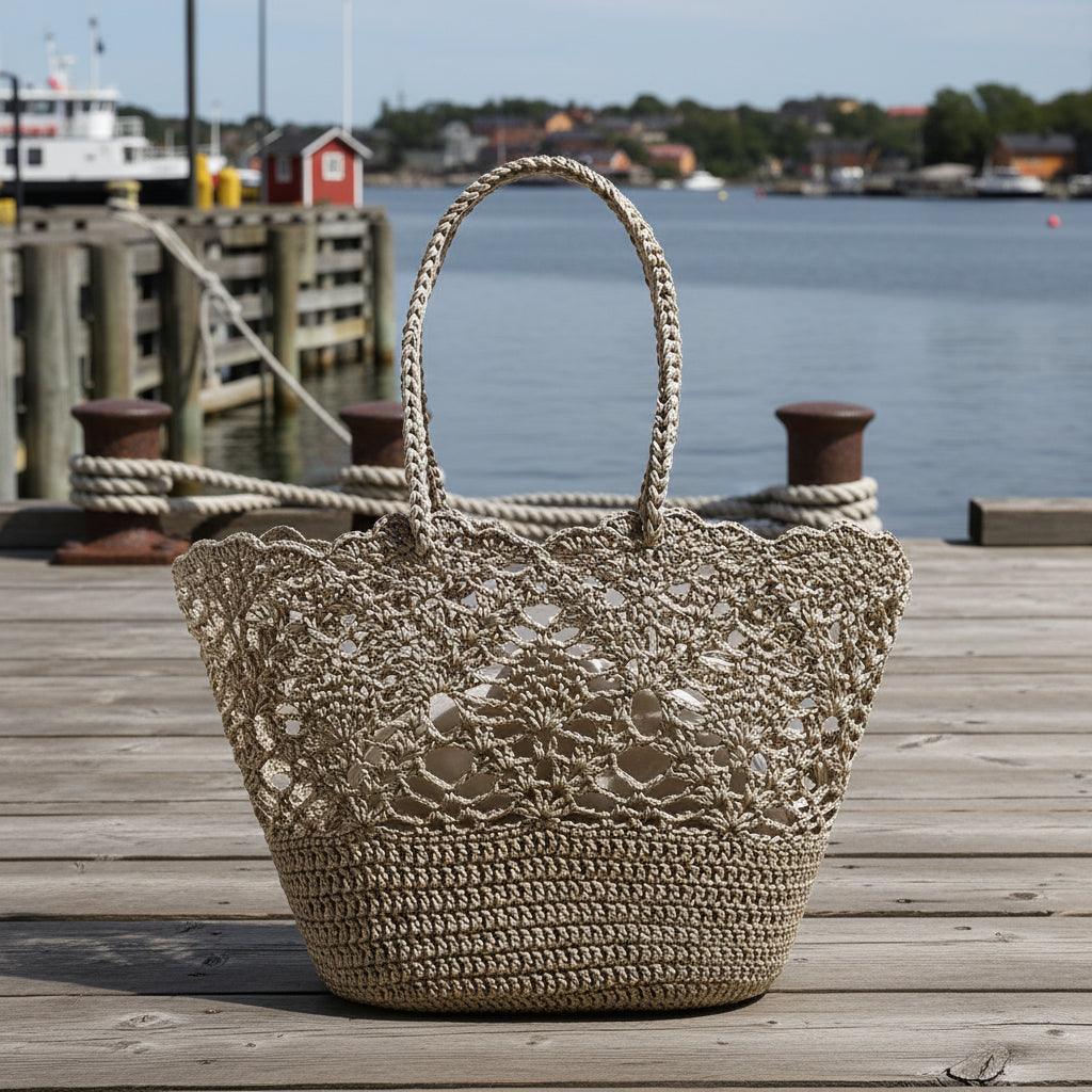 Virkad strandväska med blommönster – Bohemisk elegans för pool & beach