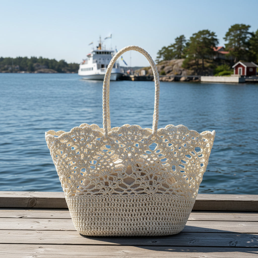 Virkad strandväska med blommönster – Bohemisk elegans för pool & beach