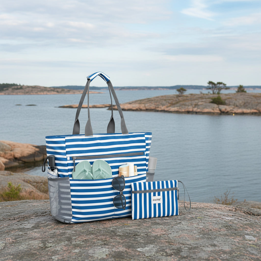 Stor Strandväska – Rymlig och Vattenavvisande Tote Bag för Pool & Beach Blå randig