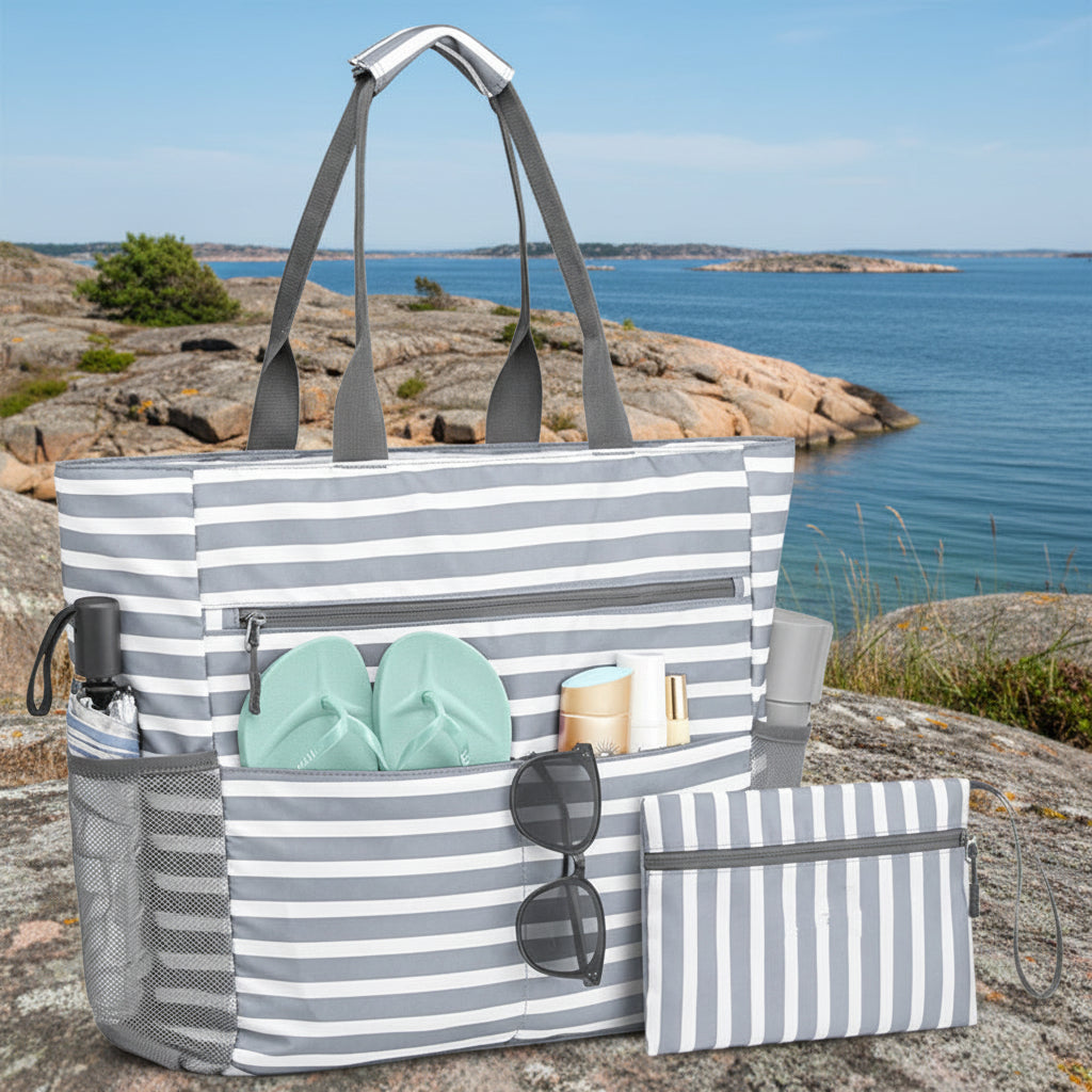 Stor Strandväska – Rymlig och Vattenavvisande Tote Bag för Pool & Beach Grå randig
