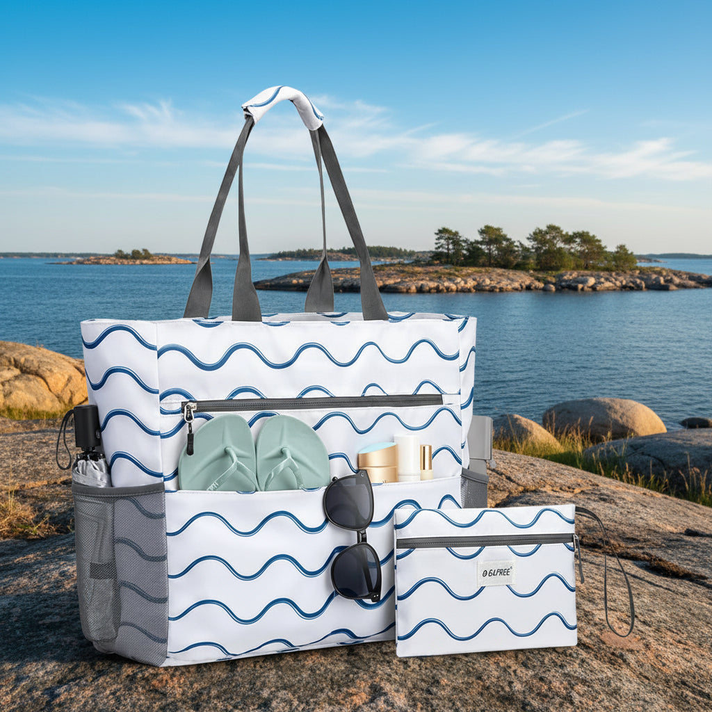 Stor Strandväska – Rymlig och Vattenavvisande Tote Bag för Pool & Beach Vågmönstrad