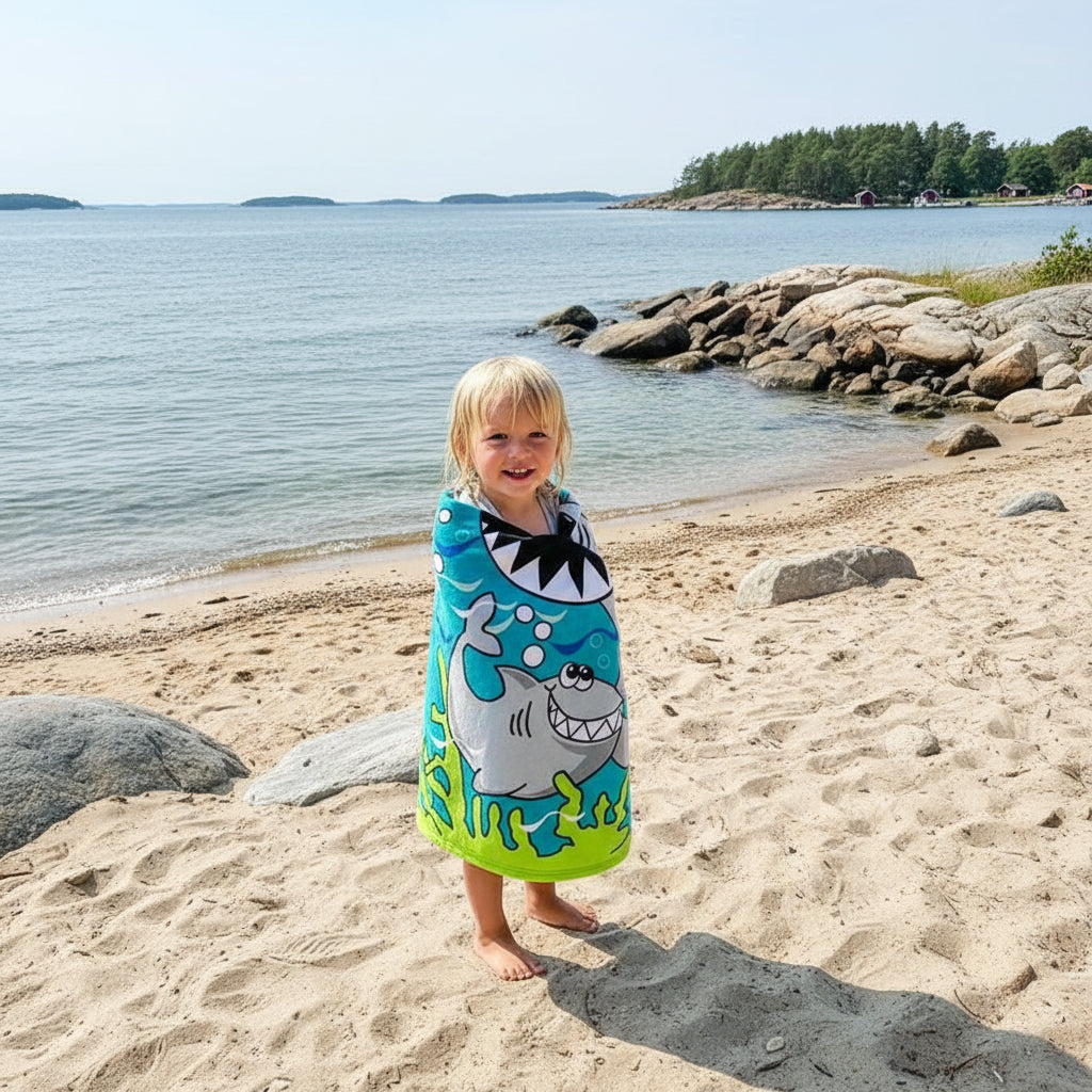 Strandhandduk med huva för barn – Mjuk & snabbtorkande poncho