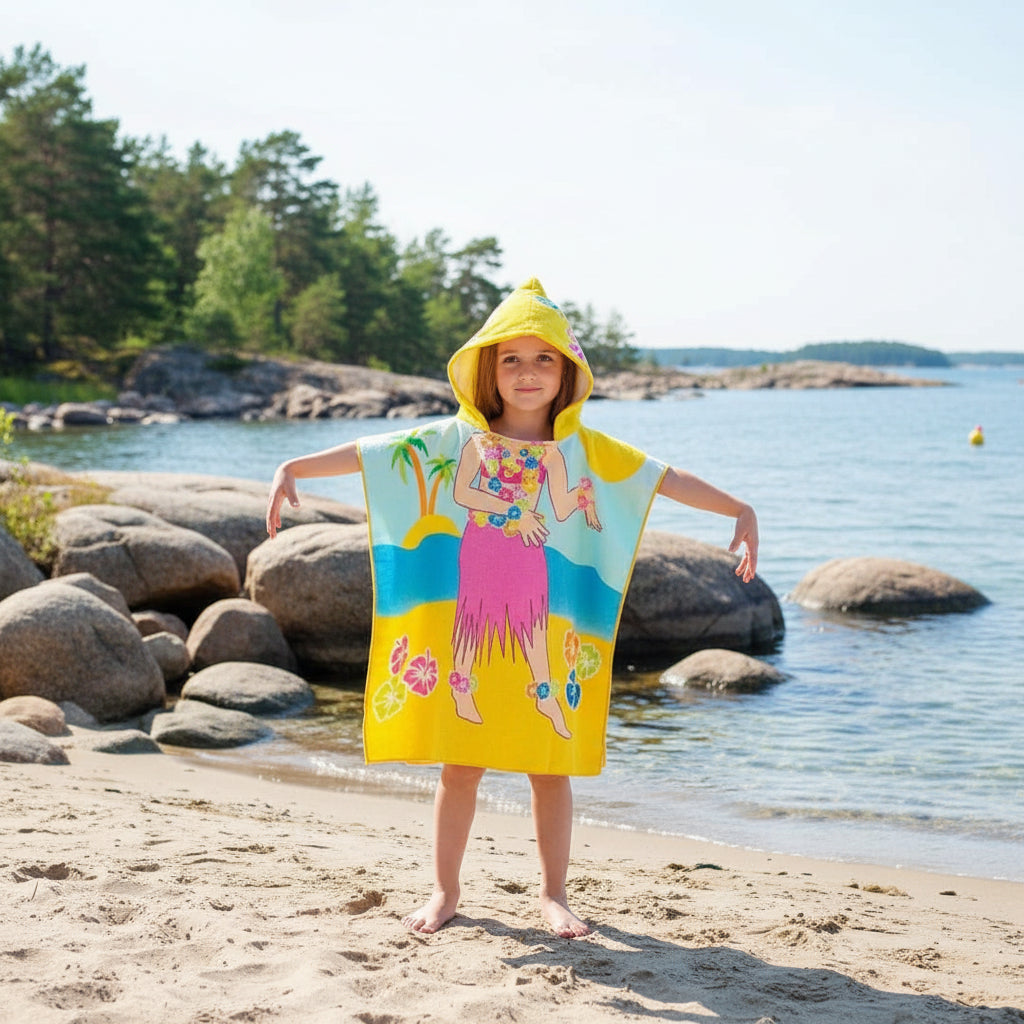 Strandhandduk med huva för barn – Mjuk & snabbtorkande poncho Strandflicka