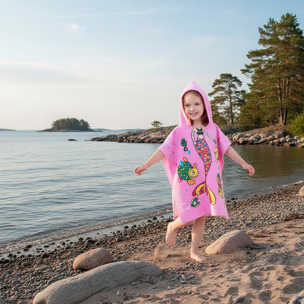Strandhandduk med huva för barn – Mjuk & snabbtorkande poncho