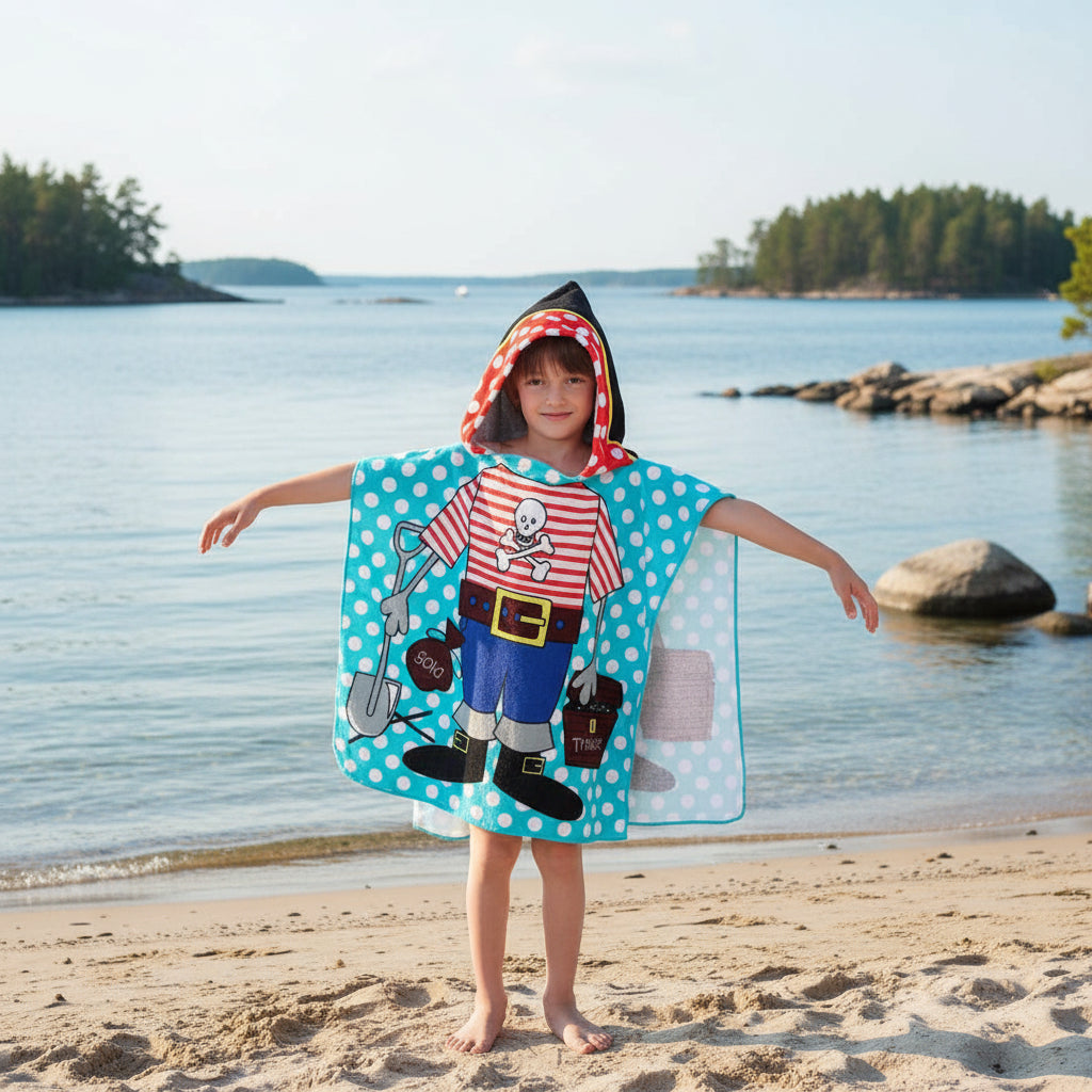 Strandhandduk med huva för barn – Mjuk & snabbtorkande poncho Pirat