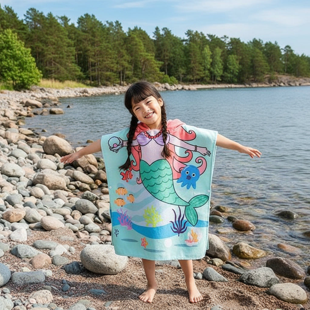 Strandhandduk med huva för barn – Mjuk & snabbtorkande poncho Grön sjöjungfru