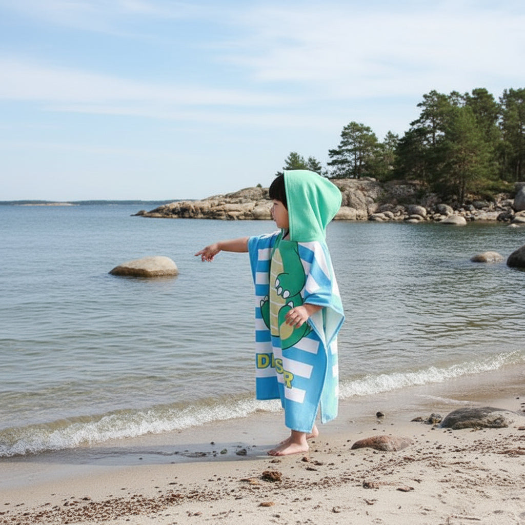 Strandhandduk med huva för barn – Mjuk & snabbtorkande poncho Blå dinosaurie