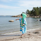 Strandhandduk med huva för barn – Mjuk & snabbtorkande poncho Blå dinosaurie