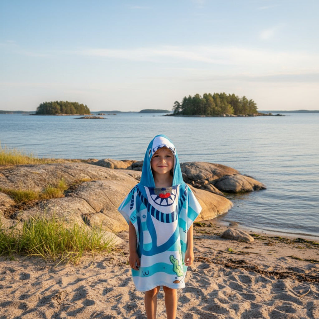 Strandhandduk med huva för barn – Mjuk & snabbtorkande poncho Blå haj