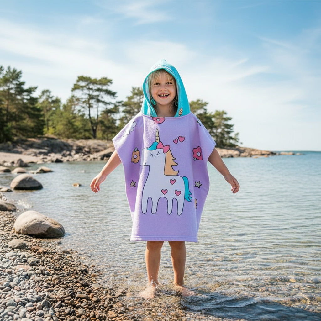 Strandhandduk med huva för barn – Mjuk & snabbtorkande poncho