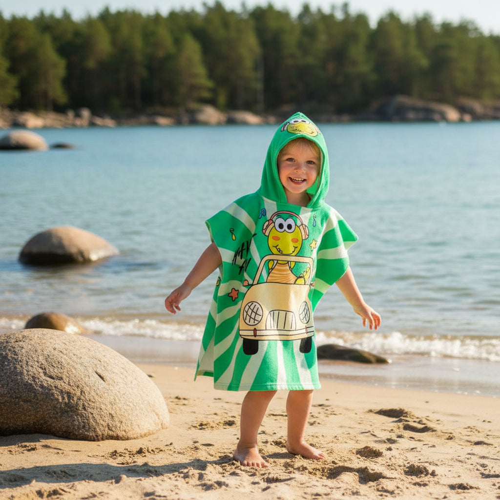 Strandhandduk med huva för barn – Mjuk & snabbtorkande poncho Söta dinosaurier