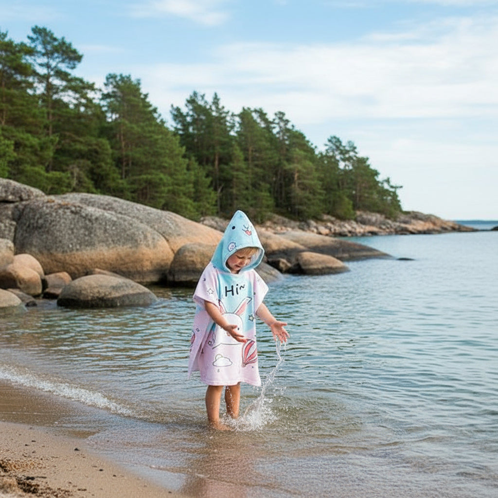 Strandhandduk med huva för barn – Mjuk & snabbtorkande poncho Blå kanin