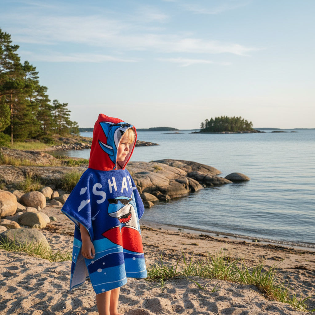 Strandhandduk med huva för barn – Mjuk & snabbtorkande poncho Surfande dinosaurie
