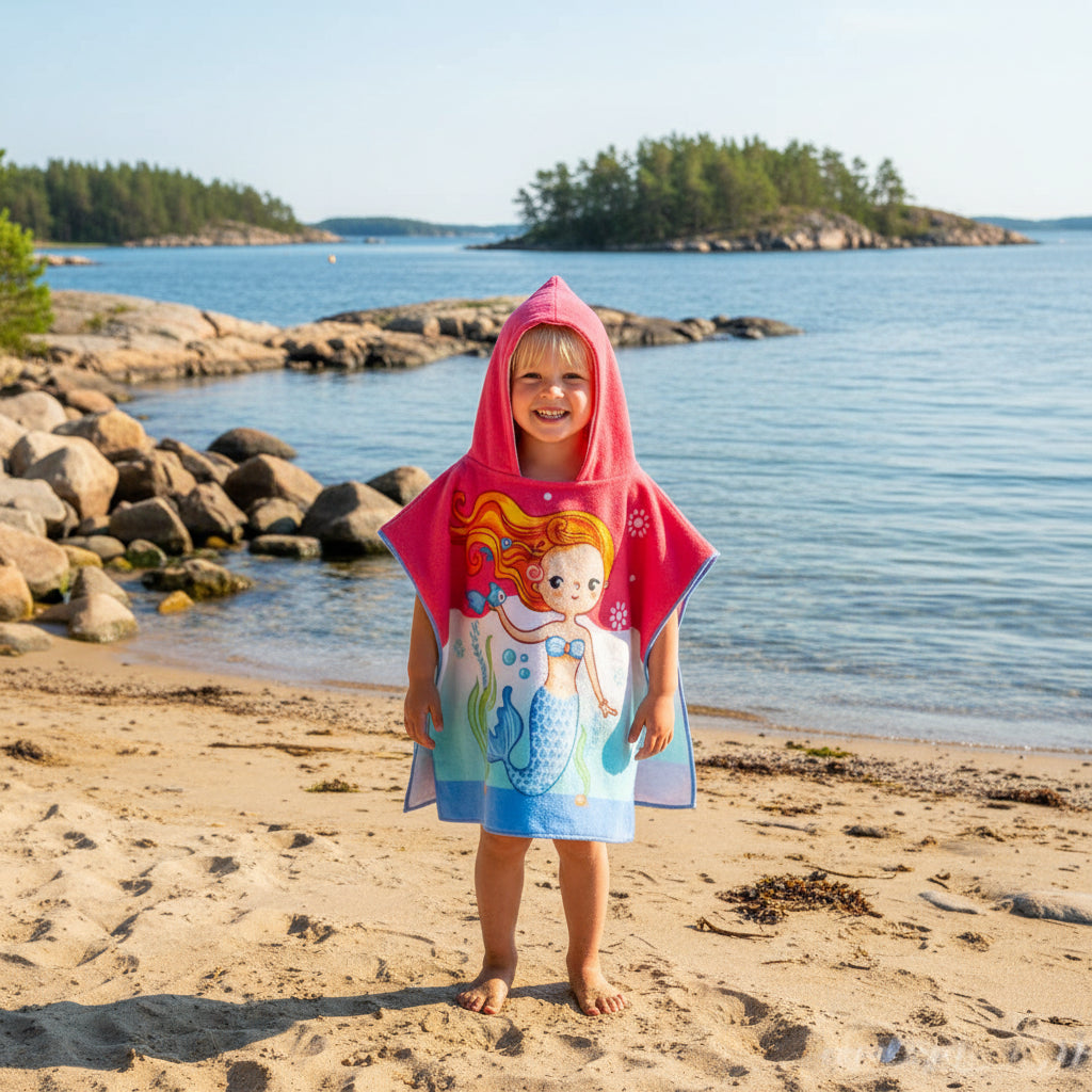 Strandhandduk med huva för barn – Mjuk & snabbtorkande poncho Vacker sjöjungfru