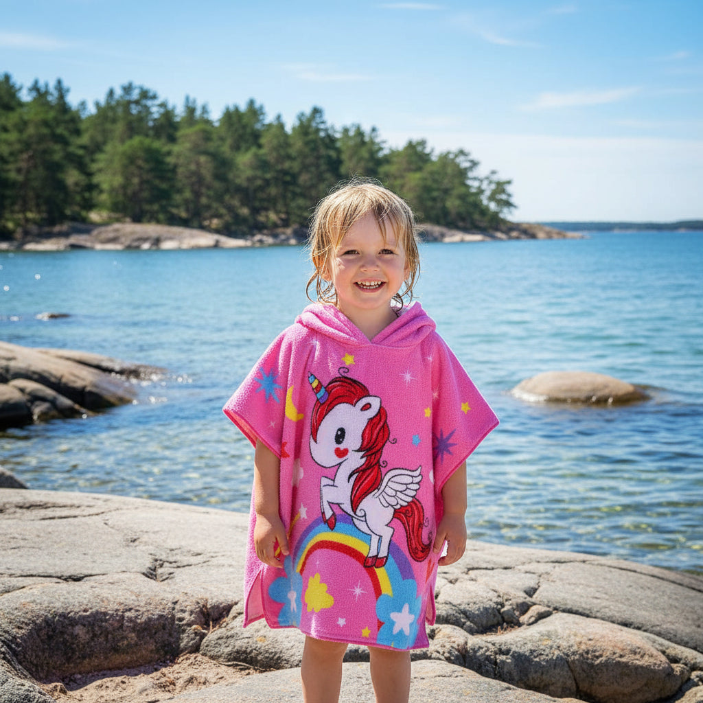 Strandhandduk med huva för barn – Mjuk & snabbtorkande poncho Regnbågsenhörning