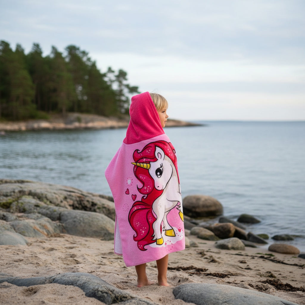Strandhandduk med huva för barn – Mjuk & snabbtorkande poncho Rosa enhörning
