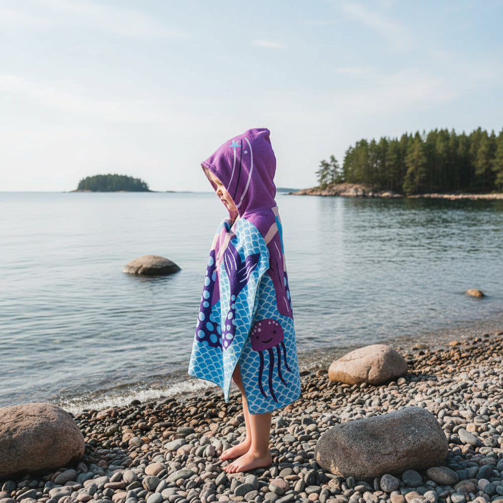 Strandhandduk med huva för barn – Mjuk & snabbtorkande poncho Lila sjöjungfru