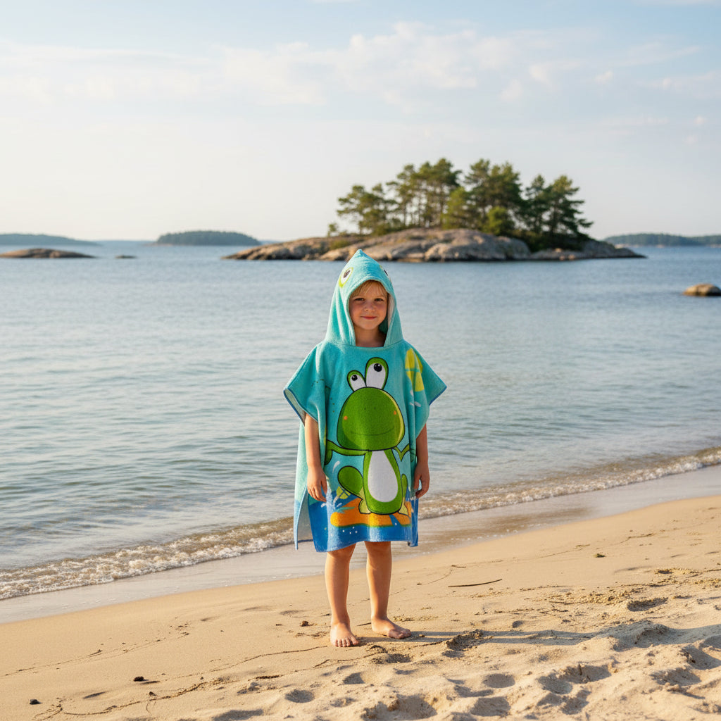 Strandhandduk med huva för barn – Mjuk & snabbtorkande poncho Groda