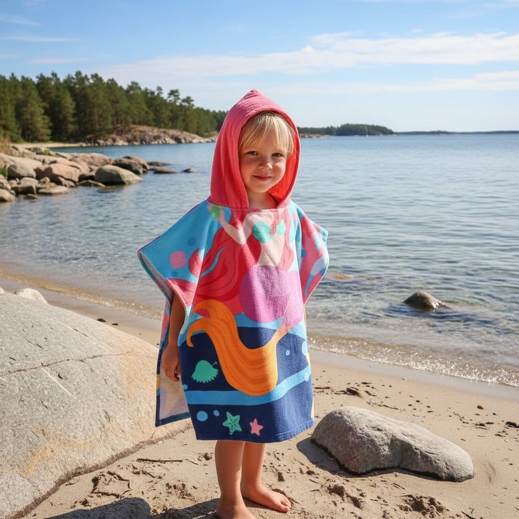 Strandhandduk med huva för barn – Mjuk & snabbtorkande poncho