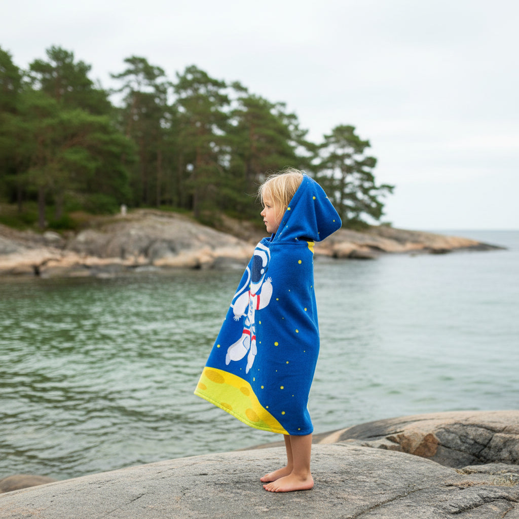 Strandhandduk med huva för barn – Mjuk & snabbtorkande poncho Astronaut på månen