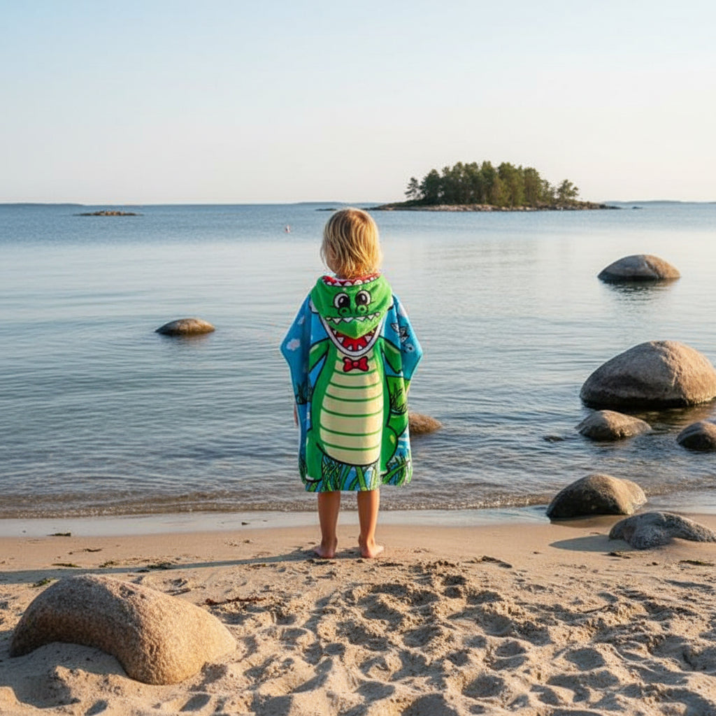 Strandhandduk med huva för barn – Mjuk & snabbtorkande poncho Dinosaurier
