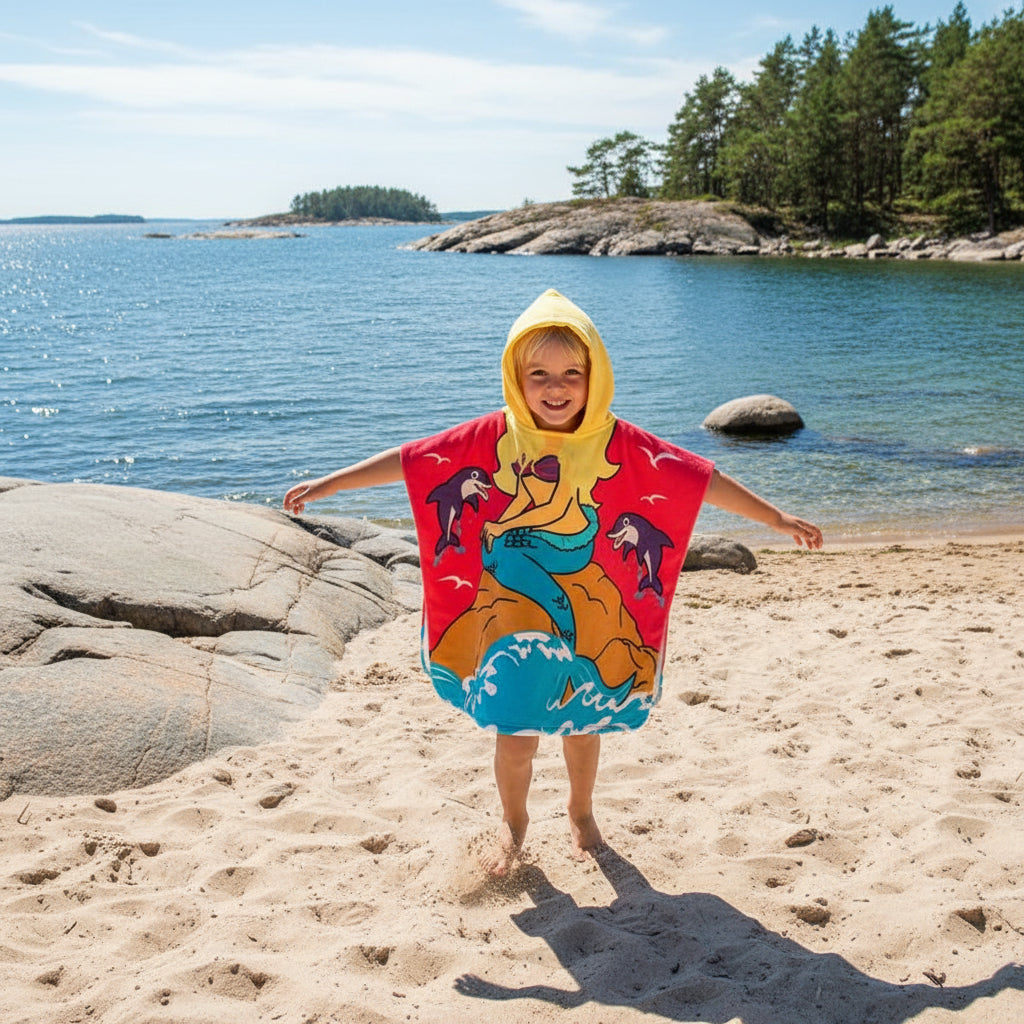 Strandhandduk med huva för barn – Mjuk & snabbtorkande poncho