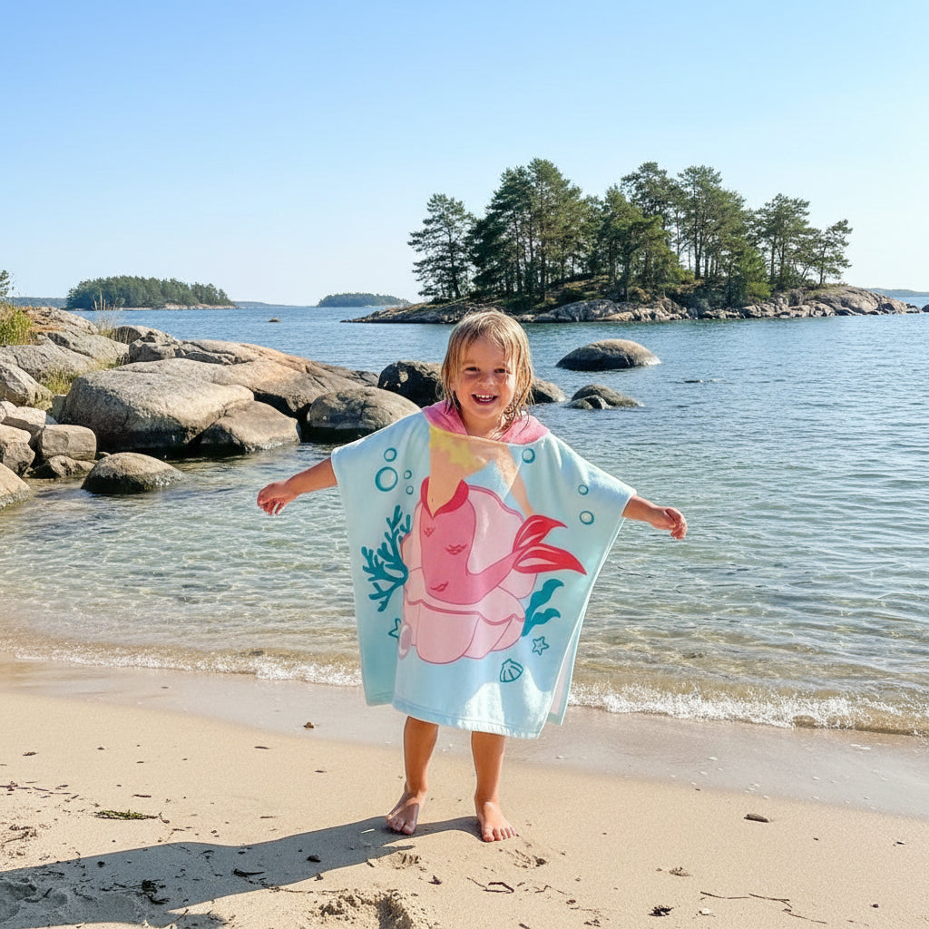 Strandhandduk med huva för barn – Mjuk & snabbtorkande poncho Rosa sjöjungfru