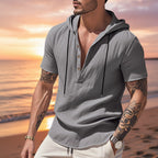 Kortärmad linnehoodie med Henley-knäppning – Sval elegans för pool & fritid Grå