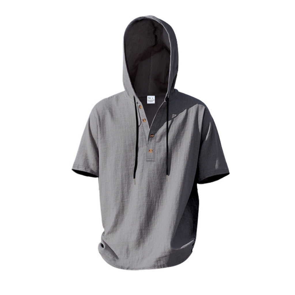 Kortärmad linnehoodie med Henley-knäppning – Sval elegans för pool & fritid