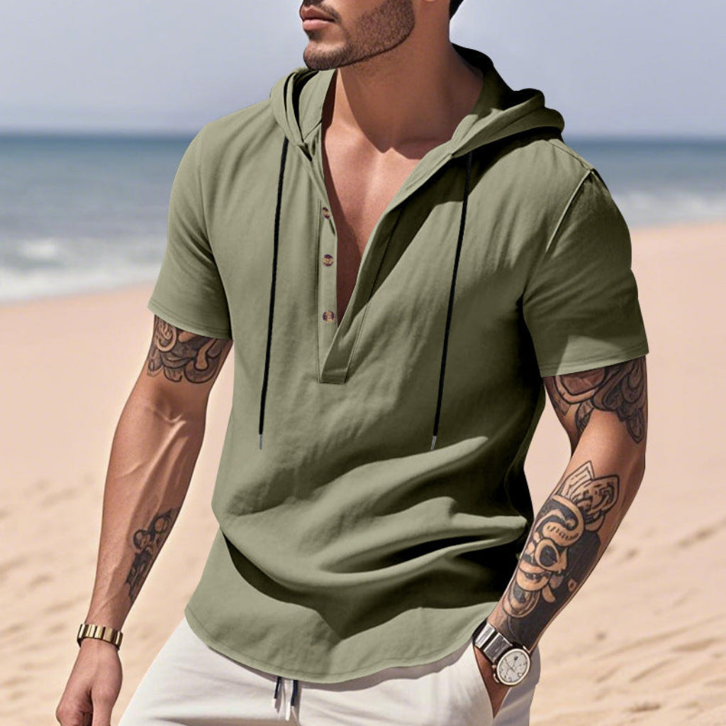 Kortärmad linnehoodie med Henley-knäppning – Sval elegans för pool & fritid Grön
