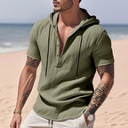 Kortärmad linnehoodie med Henley-knäppning – Sval elegans för pool & fritid Grön