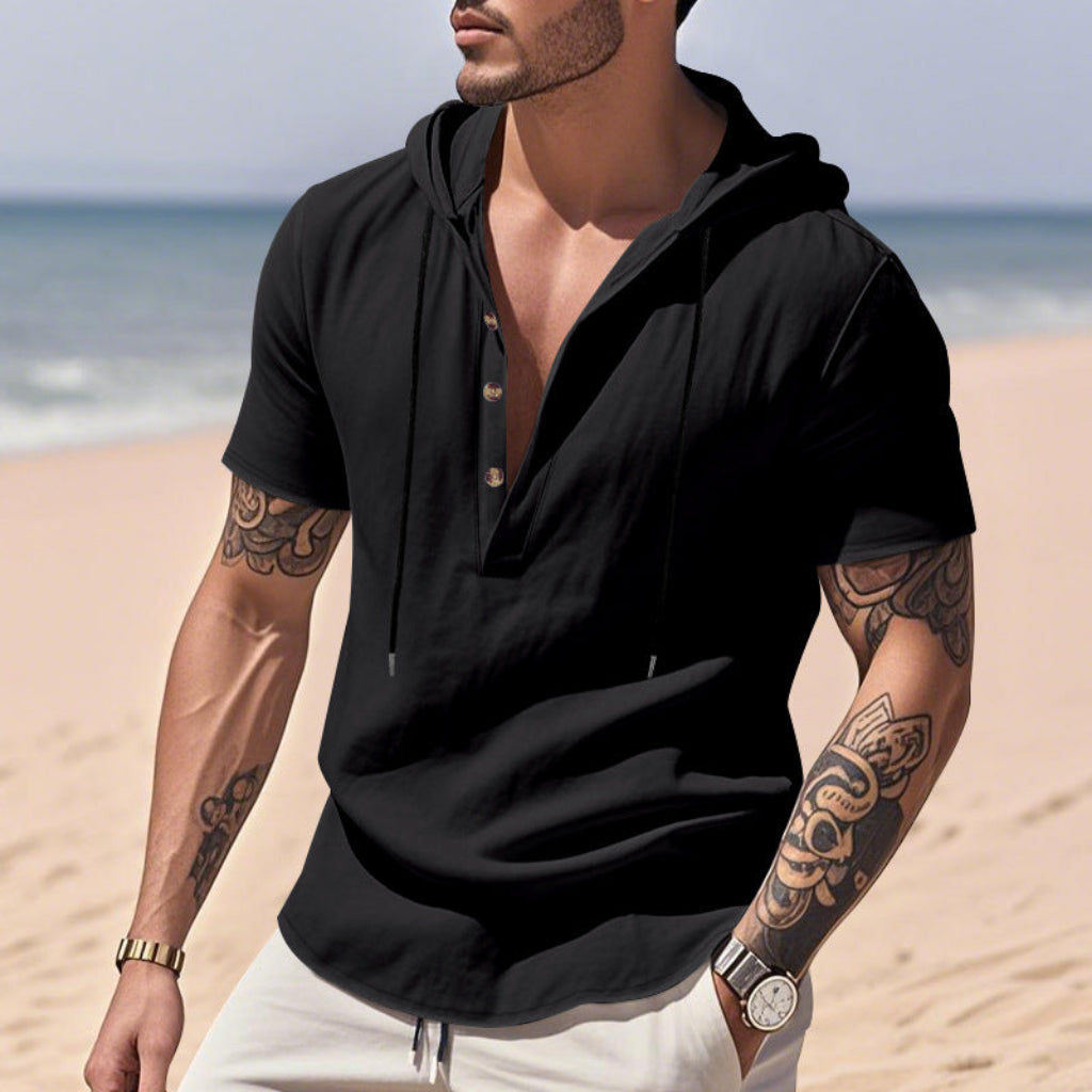 Kortärmad linnehoodie med Henley-knäppning – Sval elegans för pool & fritid Svart