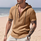 Kortärmad linnehoodie med Henley-knäppning – Sval elegans för pool & fritid Beige