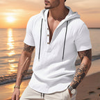Kortärmad linnehoodie med Henley-knäppning – Sval elegans för pool & fritid Vit