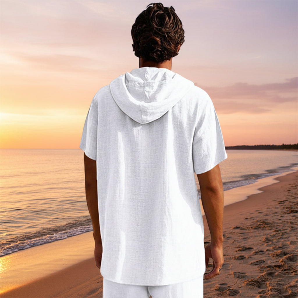 Kortärmad linnehoodie med Henley-knäppning – Sval elegans för pool & fritid