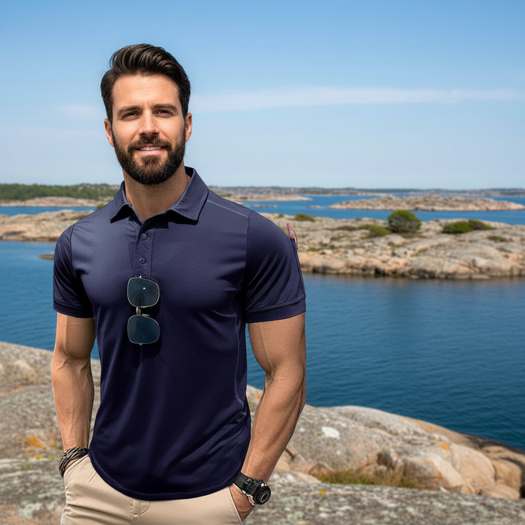 Snabbtorkande Pikétröja för Herr – Komfort & Stil vid Poolen