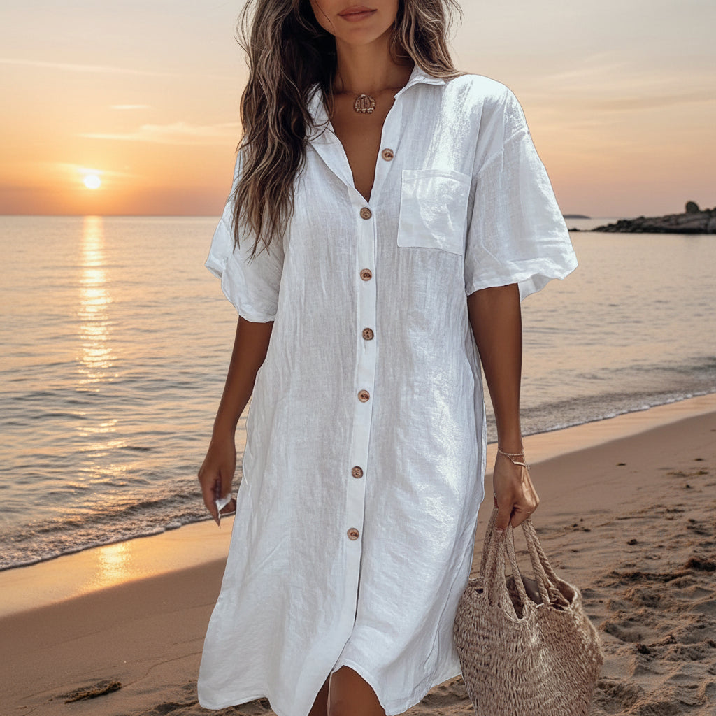 Elegant Skjortklänning med Knäppning – Sommarens Mest Mångsidiga Plagg Vit