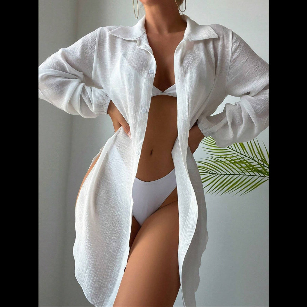 Virkad Strandtunika för Dam – Elegant Beach Cover-up i Mjuk Bomullsmix Vit